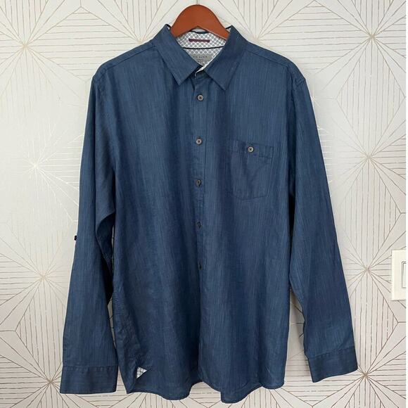 Ted Baker London Navy Blue Linen Cotton Blend Long Sleeve shirt Sz 7 (XXXL) $210 - Picture 3 of 15